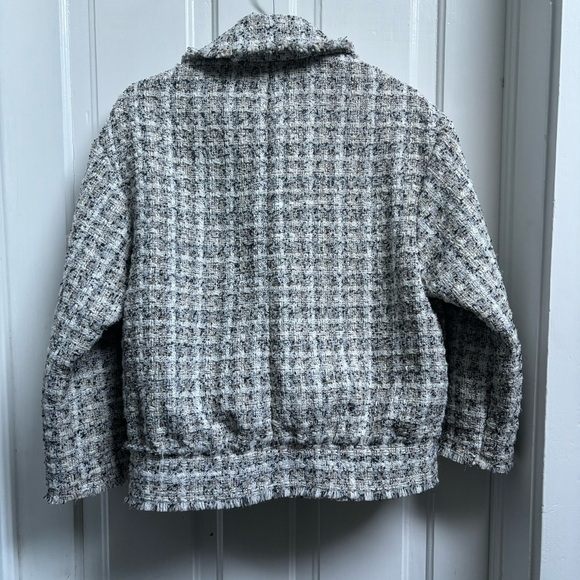 H&M Tweed Textured-Weave White And Black Cropped Bomber Jacket Size XS - Picture 4 of 13